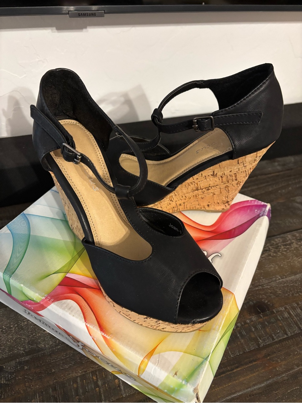 Black Cork Wedge Sandals with Ankle Strap - Women